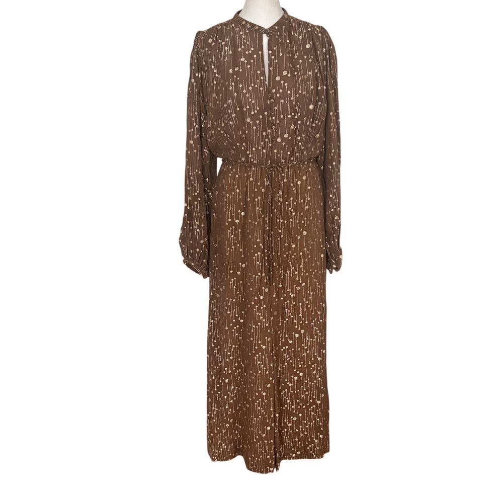 Vintage Victor Costa Ltd. Maxi Dress Brown W/ Gold Dash & Dot Pattern Size S / M